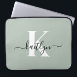 Modern Sage Green Script Monogram Laptop Sleeve<br><div class="desc">This simple,  elegant 15" sage green laptop sleeve with your first name in a trendy script font in black and your first initial in a modern cap font in white is perfect for you.  It's stylish and trendy and yet very classic. It's unique - like you!</div>
