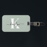 Modern Sage Green Script Monogram Luggage Tag<br><div class="desc">This simple, elegant sage green luggage tag with your first name in a trendy script font in black and your first initial in a modern cap font in white on one side and a slide in card for your name, address and phone number on the other would look fabulous on...</div>