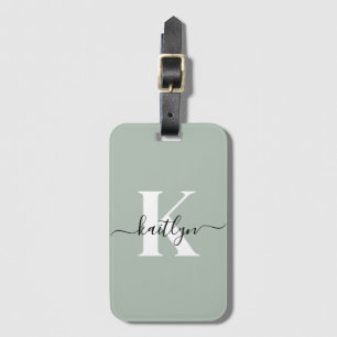Modern Sage Green Script Monogram Luggage Tag