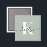Modern Sage Green Script Monogram Magnet<br><div class="desc">This simple, elegant sage green 2" square magnet with your first name in a trendy script font in black and your first initial in a modern cap font in white is perfect for you. It's stylish and trendy and yet very classic. It will look fabulous on your file cabinet, refrigerator,...</div>