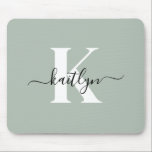 Modern Sage Green Script Monogram Mouse Pad<br><div class="desc">This simple,  elegant sage green mousepad with your first name in a trendy script font in black and your first initial in a modern cap font in white is perfect for your office/desk.  It's stylish and trendy and yet very classic.</div>
