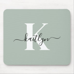 Modern Sage Green Script Monogram Mouse Pad