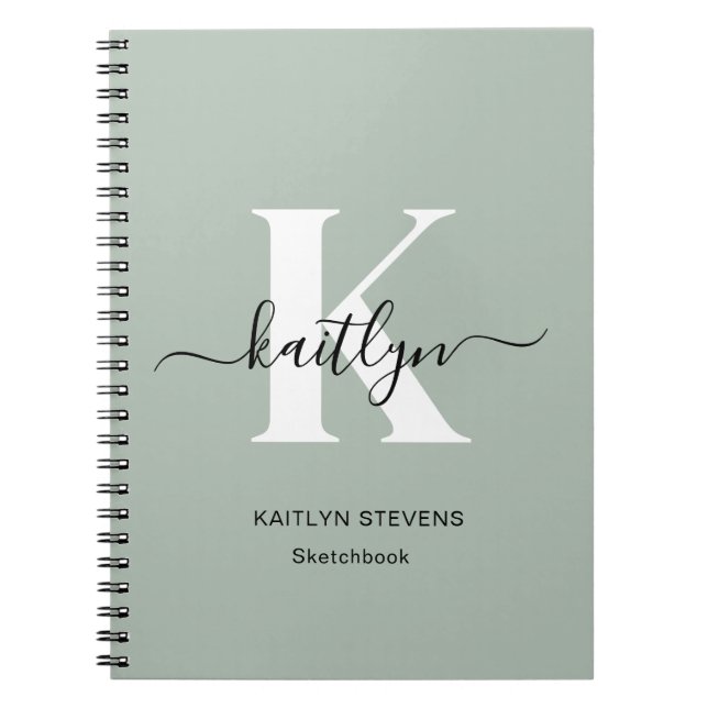 Modern Sage Green Script Monogram Notebook (Front)
