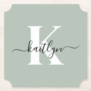 Modern Sage Green Script Monogram Paper Coaster