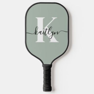 Modern Sage Green Script Monogram Pickleball Paddle