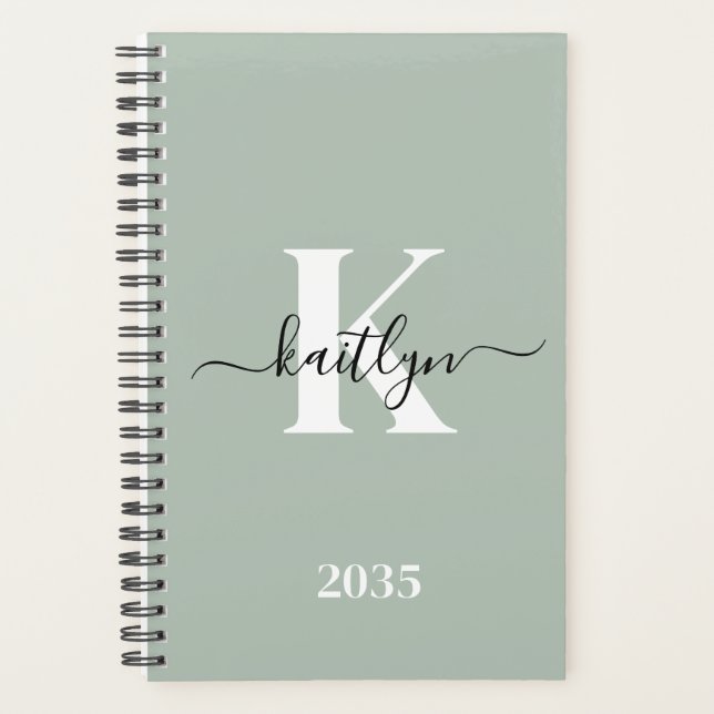 Modern Sage Green Script Monogram Planner (Front)