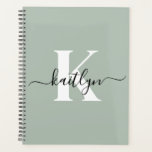 Modern Sage Green Script Monogram Planner<br><div class="desc">This simple, elegant sage green 8.5 x 11 soft planner with your first name in a trendy script font in black and your first initial in a modern cap font in white is perfect for you. It's stylish and trendy and yet very classic. It will make keeping appointments, meetings, deadlines,...</div>