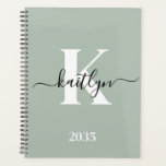 Modern Sage Green Script Monogram Planner<br><div class="desc">This simple, elegant sage green 8.5 x 11 soft planner with your first name in a trendy script font in black and your first initial in a modern cap font in white is perfect for you. It's stylish and trendy and yet very classic. It will make keeping appointments, meetings, deadlines,...</div>