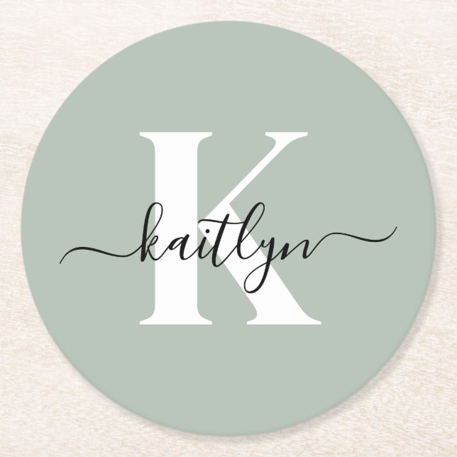 Modern Sage Green Script Monogram Round Paper Coaster (Front)