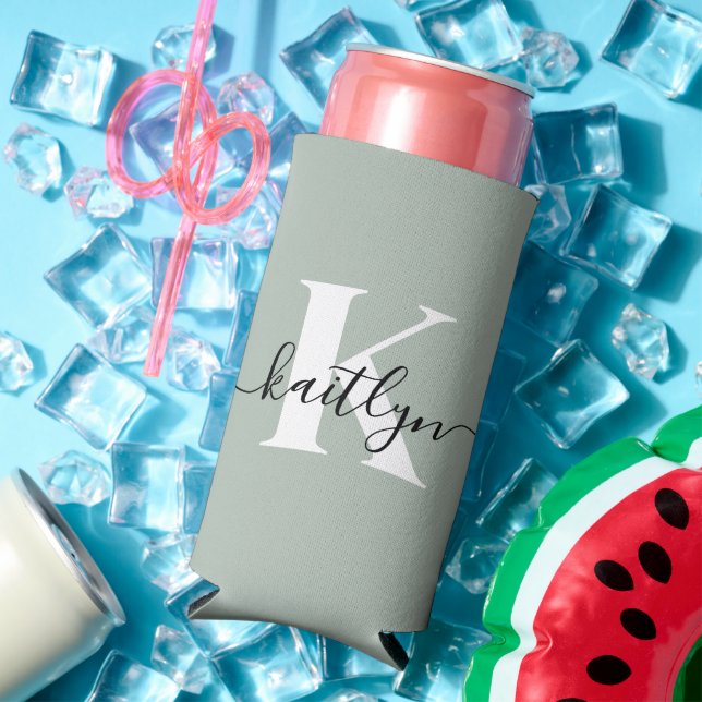 Modern Sage Green Script Monogram Seltzer Can Cooler (In Situ Summer)