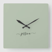 Modern sage green script name large clock