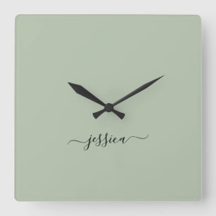 Modern sage green script name large clock