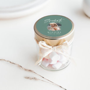 Modern sage green script photo elegant graduation classic round sticker