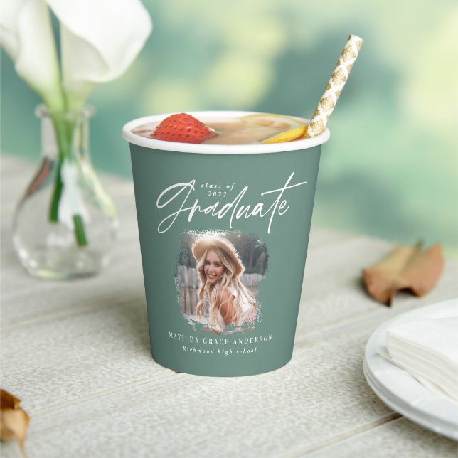 Modern sage green script photo elegant graduation paper cups (Insitu)