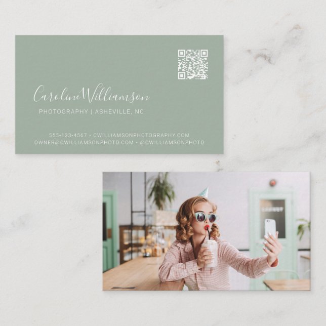 Modern Sage Green Script Photo QR Code Trendy Business Card (Front/Back)