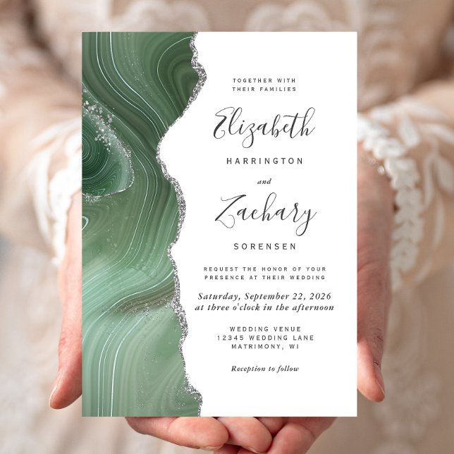 Modern Sage Green Silver Agate Wedding Invitation (Creator Uploaded)