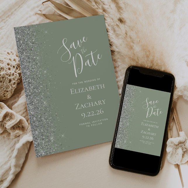 Modern Sage Green Silver Glitter Save the Date Announcement (Creator Uploaded)