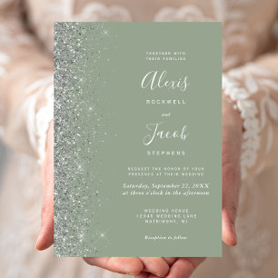Modern Sage Green Silver Glitter Wedding Invitation