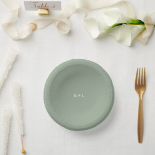 Modern Sage Green Simple Monogram Wedding Paper Plate