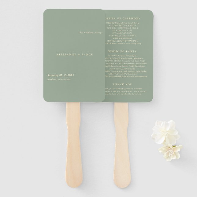 Modern Sage Green Simple Wedding Program Hand Fan (Front and Back)