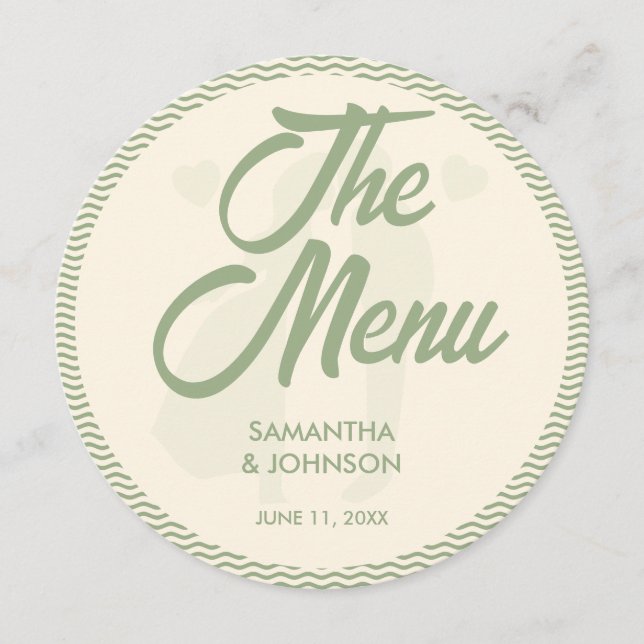 Modern Sage Green Stripe Wedding Dinner Menu Card (Front)
