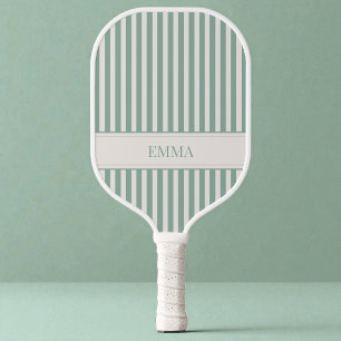Modern Sage Green Striped Cute Preppy Simple Name Pickleball Paddle