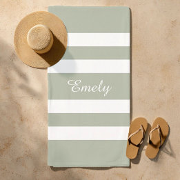 Modern Sage Green Striped Pattern Name Beach Towel