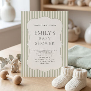 Modern Sage Green Stripes Baby Shower  Invitation