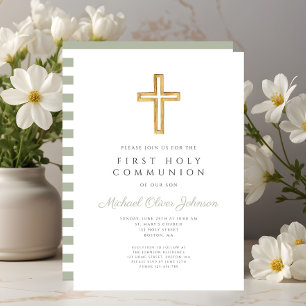Modern Sage Green Stripes Cross First Communion Invitation