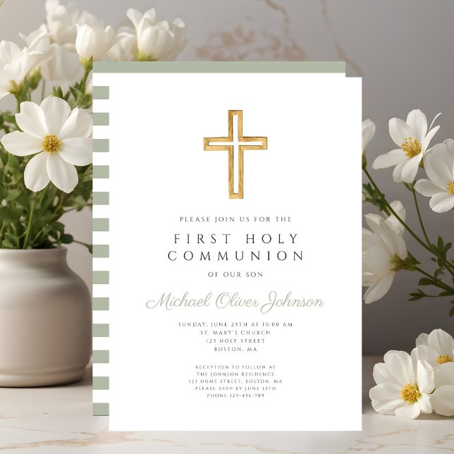 Modern Sage Green Stripes Cross First Communion Invitation (Modern Sage Green Stripes Cross First Communion Invitation)