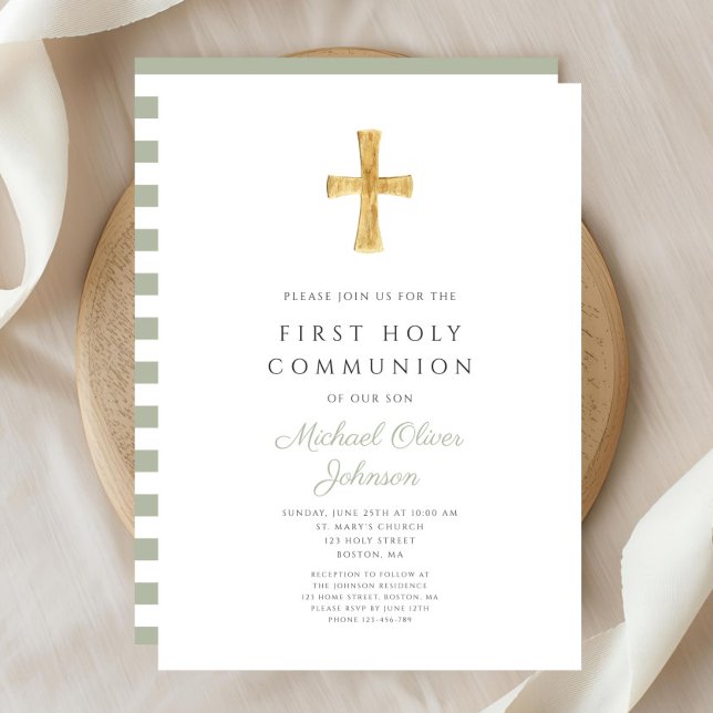 Modern Sage Green Stripes Cross First Communion Invitation (Modern Sage Green Stripes Cross First Communion Invitation)