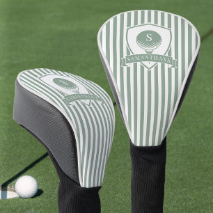 Modern Sage Green Stripes Name Initial Monogram Golf Head Cover