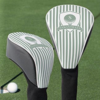 Modern Sage Green Stripes Name Initial Monogram Golf Head Cover
