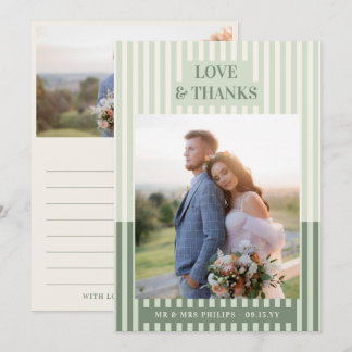 Modern Sage Green Stripes Wedding Photo Thank You Card