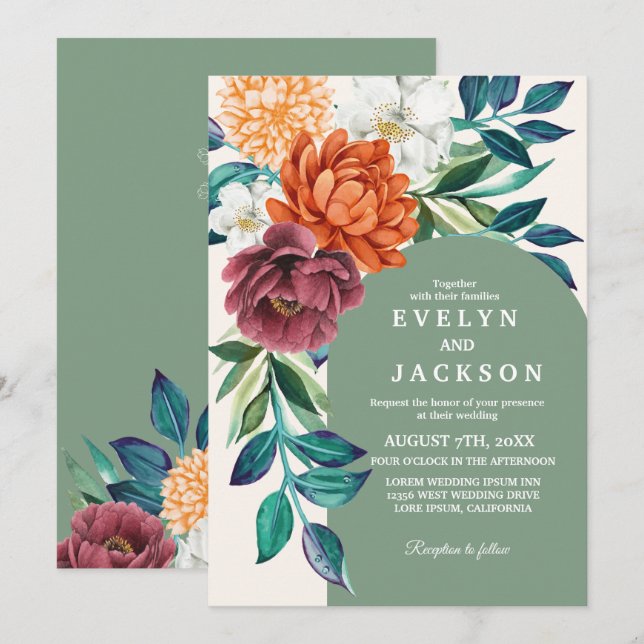 Modern Sage green watercolor floral fall Wedding  Invitation (Front/Back)