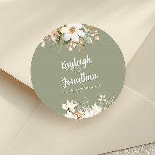 Modern Sage Green Watercolor Floral Wedding Classic Round Sticker