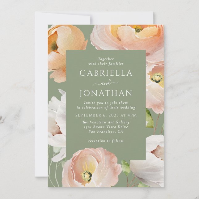 Modern Sage Green Watercolor Floral Wedding  Invitation (Front)