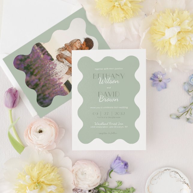 Modern Sage Green Wave Border Photo Wedding Invitation (Creator Uploaded)