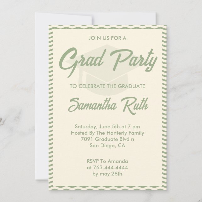 Modern Sage Green Wavy Stripe Graduation Party Invitation (Front)