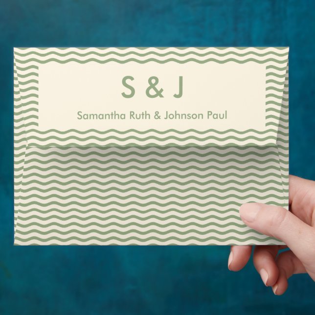 Modern Sage Green Wavy Stripe Monogram Wedding  Envelope (Hand)