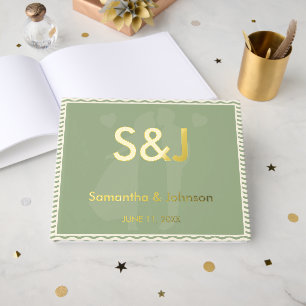 Modern Sage Green Wavy Stripe Monogram Wedding Guest Book