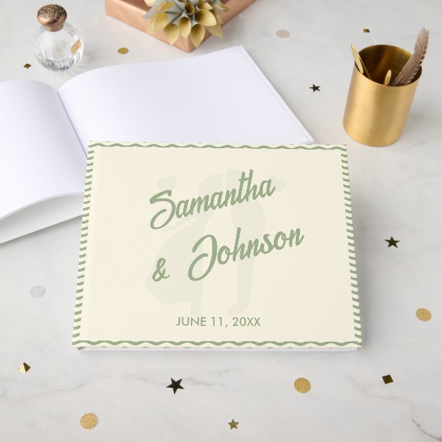 Modern Sage Green Wavy Stripe Wedding Guest Book (Front Open)