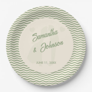 Modern Sage Green Wavy Stripe Wedding Paper Plate
