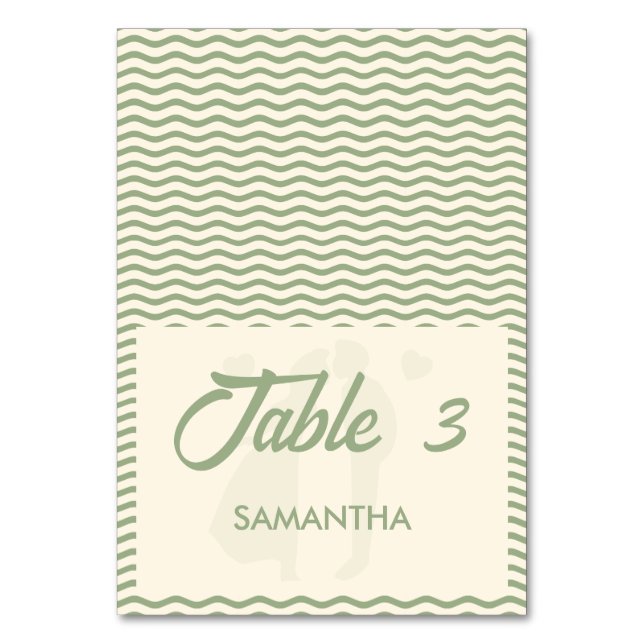 Modern Sage Green Wavy Stripe Wedding Place Card (Front)