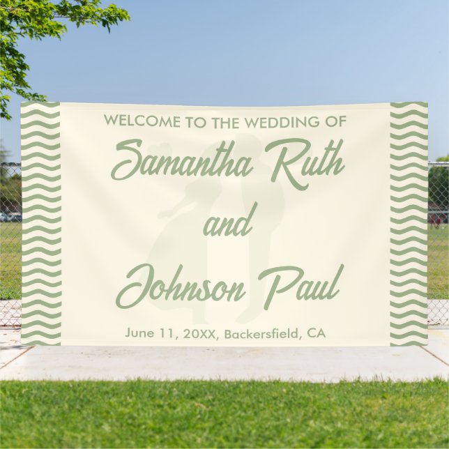 Modern Sage Green Wavy Stripe Wedding Welcome Banner (Outside)