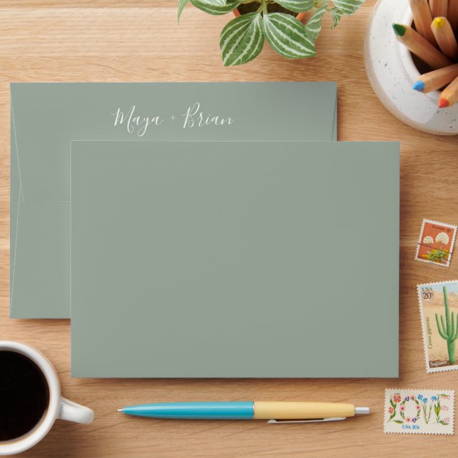Modern Sage Green Wedding Invitation Envelope (Desk)