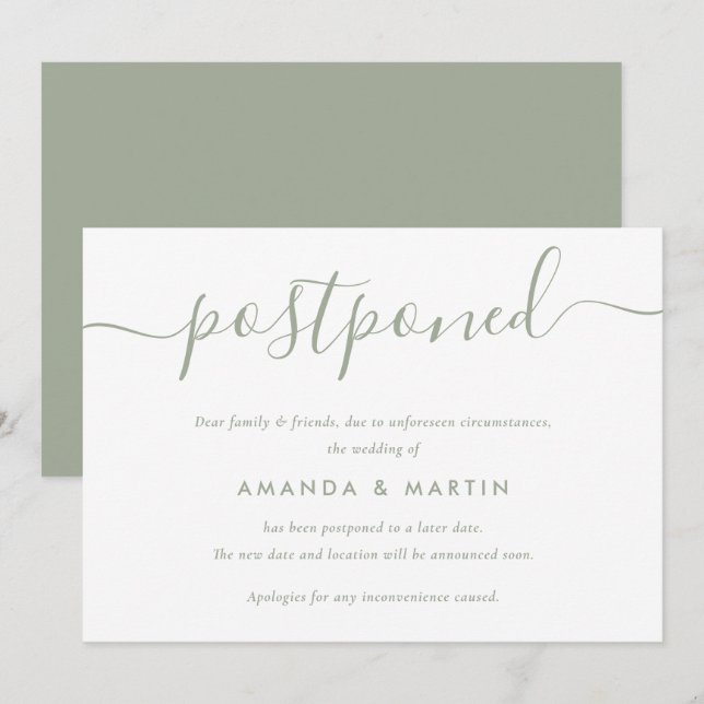 Modern Sage Green Wedding Postponement Announcement (Front/Back)