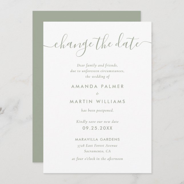 Modern Sage Green Wedding Postponement Announcement (Front/Back)