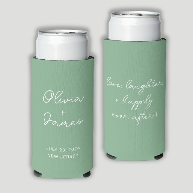 Modern sage green wedding quote seltzer can cooler (Sage green wedding can coolers. Customize with names/date/location to front. Quote on reverse.)