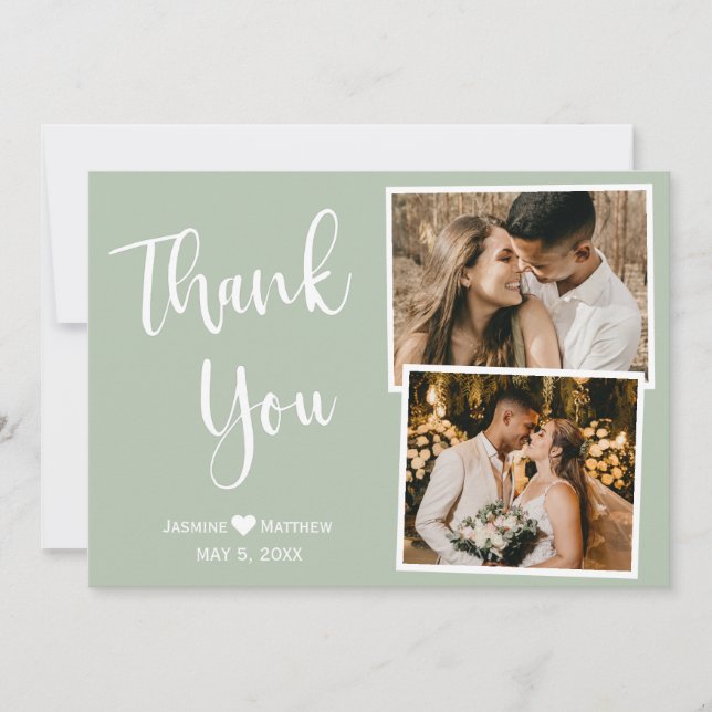 Modern Sage Green Wedding Thank You Collage Card (Front)